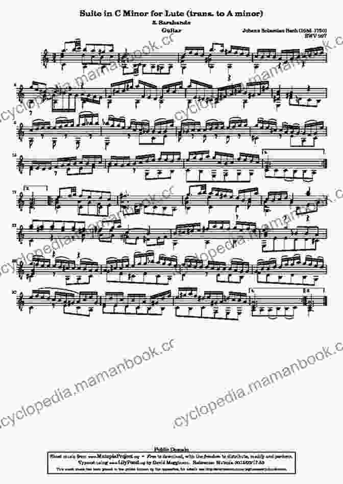 Musical Notation Of Bach's Sarabande In D Minor, BWV 997, Arranged For Guitar Duet Selections From Bach S Lute Suites For Guitar Duet